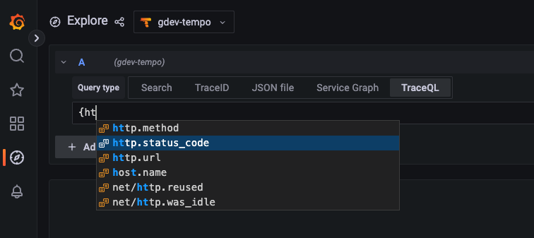 Query editor showing the auto-complete feature