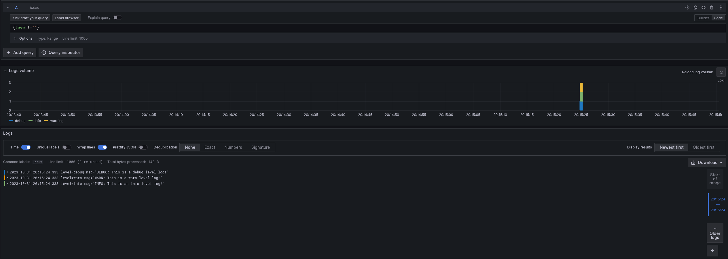 Grafana Explore view of example log lines, now with the extracted &rsquo;level&rsquo; label
