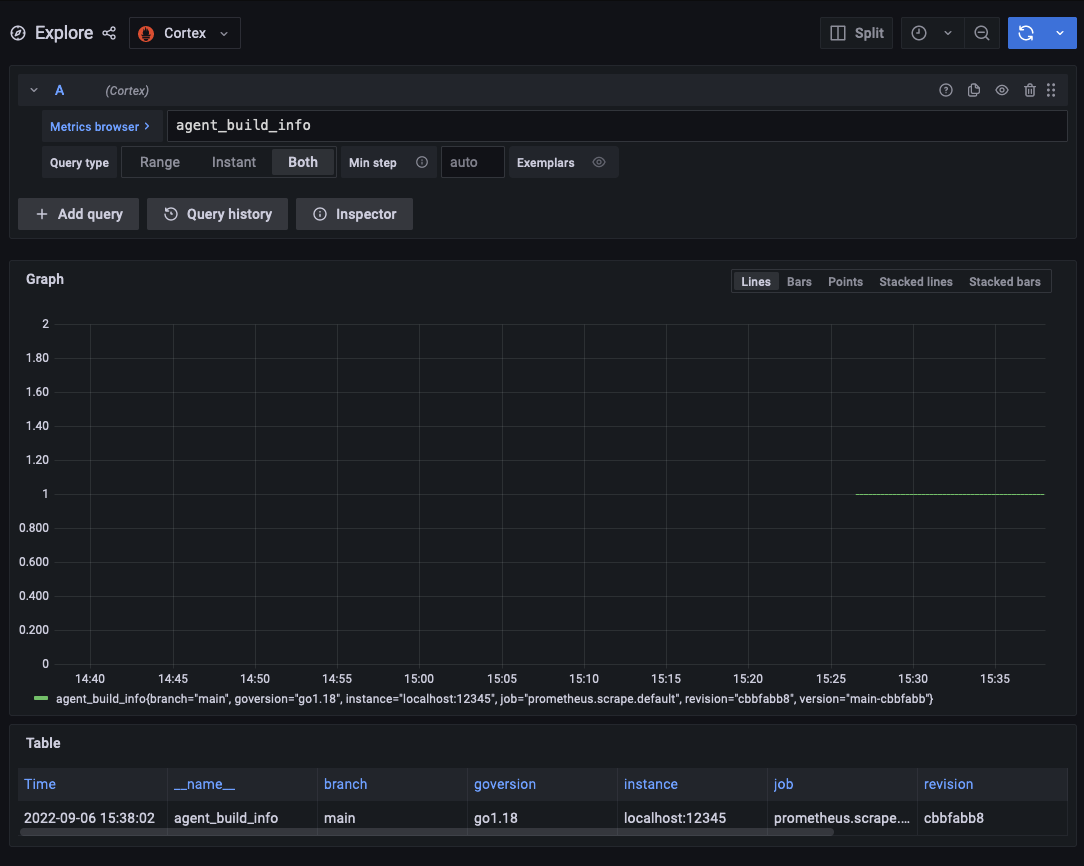 Dashboard showing agent_build_info metrics