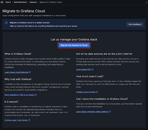 The Migrate this instance to Cloud button in the Migrate to Grafana Cloud page on a self-managed Grafana instance