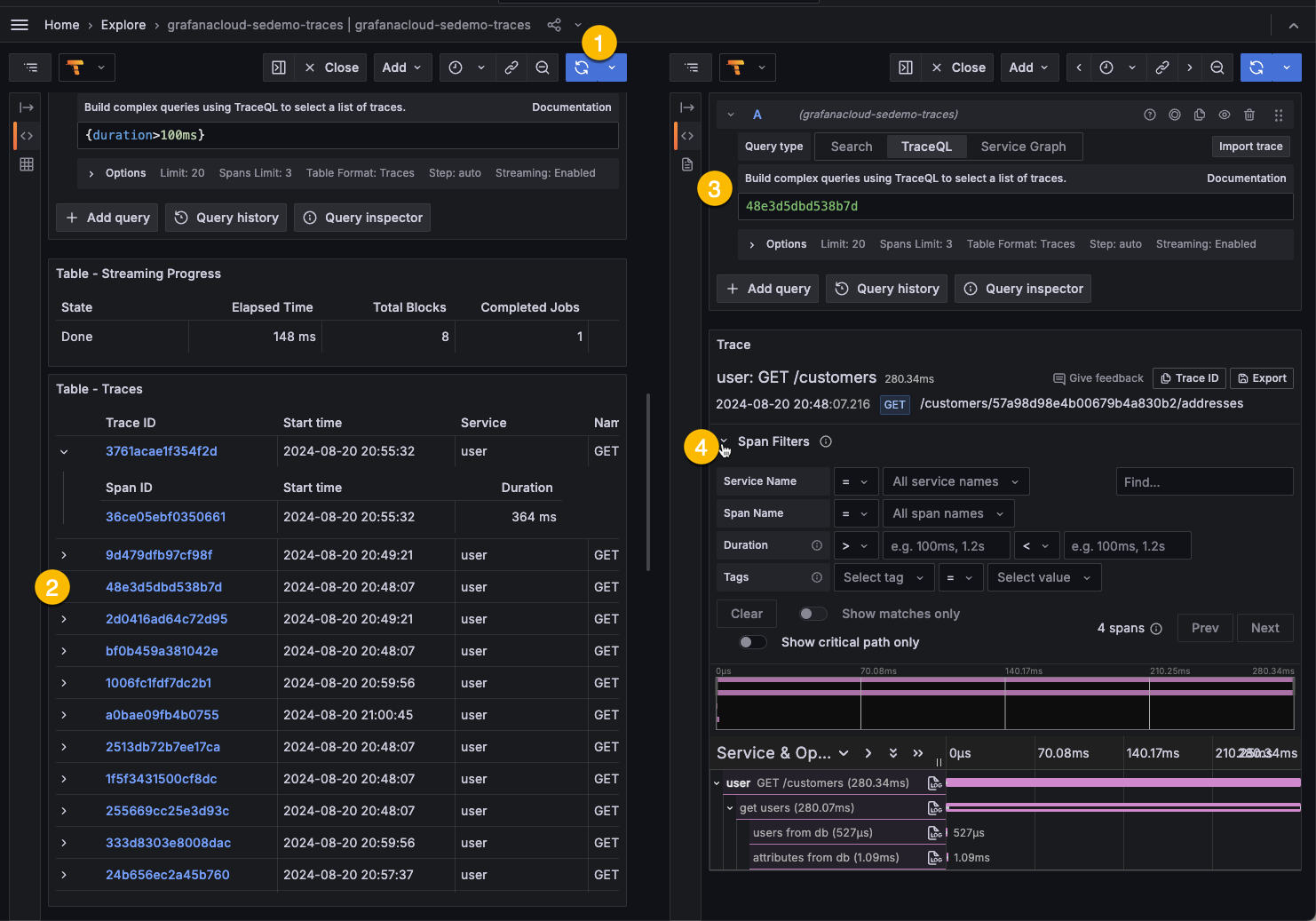 Query results with numbered sections