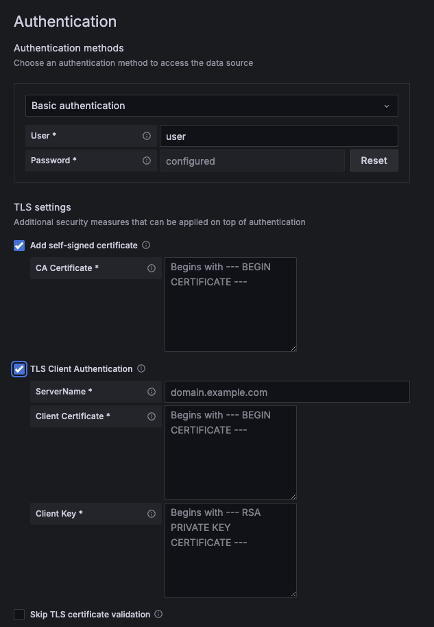 Authentication section showing the TLS client certificate options