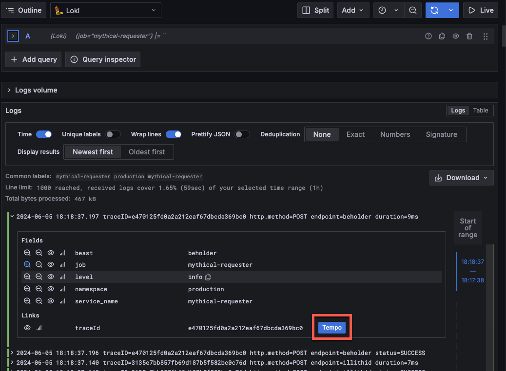 Use logs to go to a span