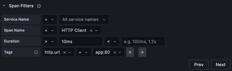 Screenshot of span filtering
