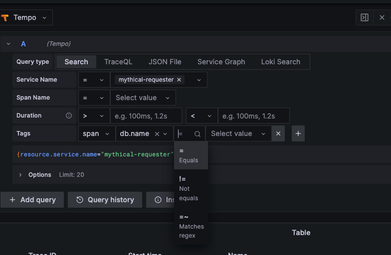 A TraceQL search constructed by selecting options