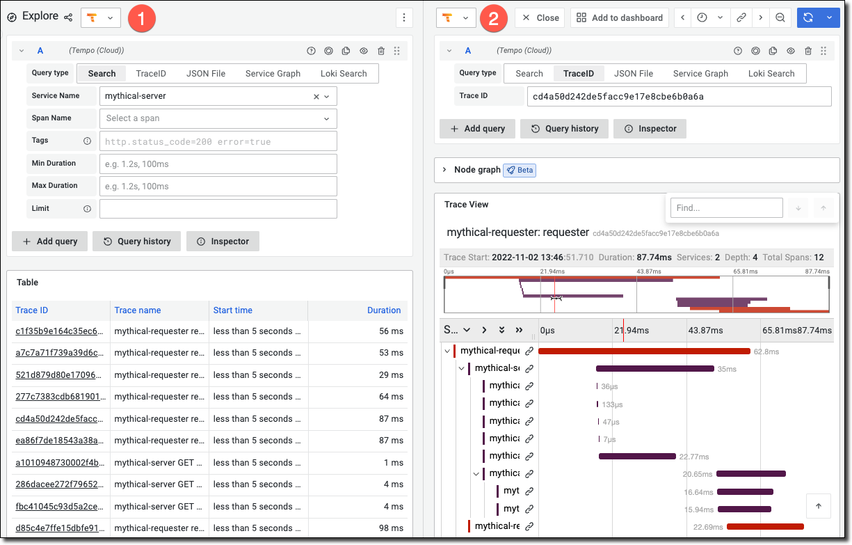 Traces example with query results and spans