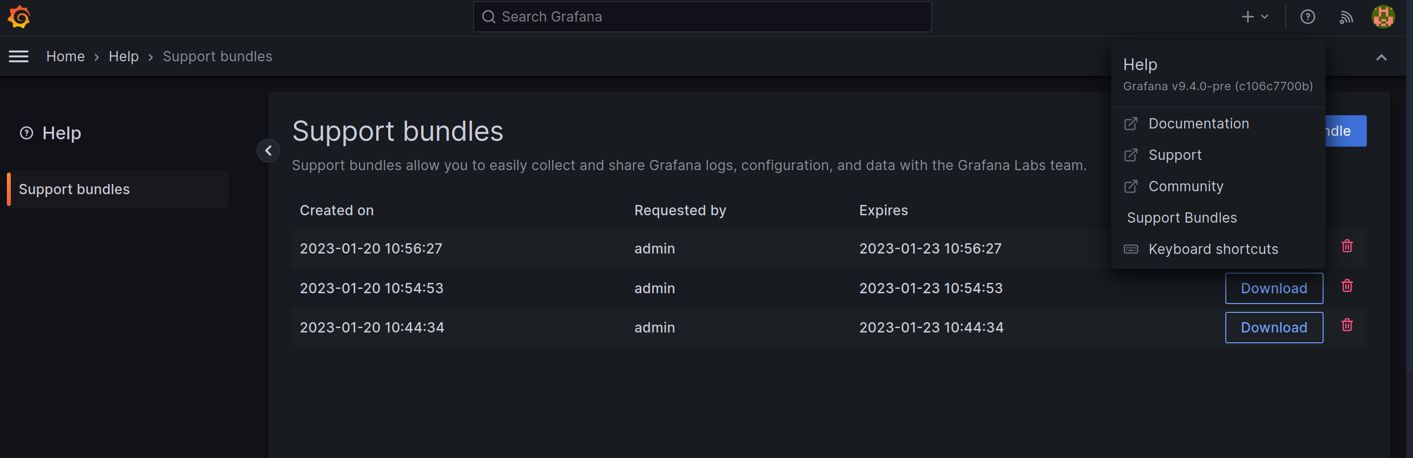 Support bundle panel